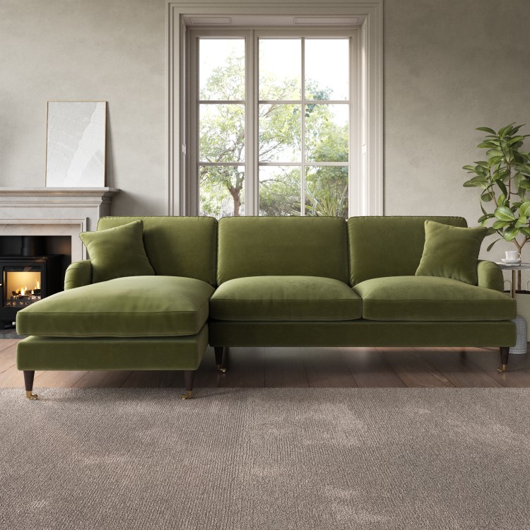 Olive Green Velvet Left Hand Facing 4 Seater Chaise Corner Sofa - Payton