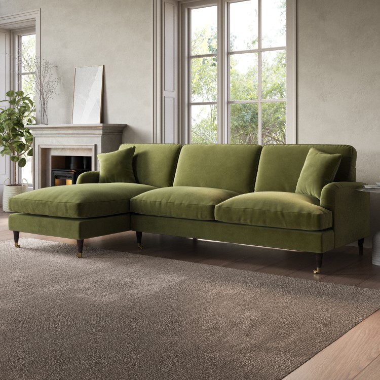 Olive Green Velvet Left Hand Facing 4 Seater Chaise Corner Sofa - Payton