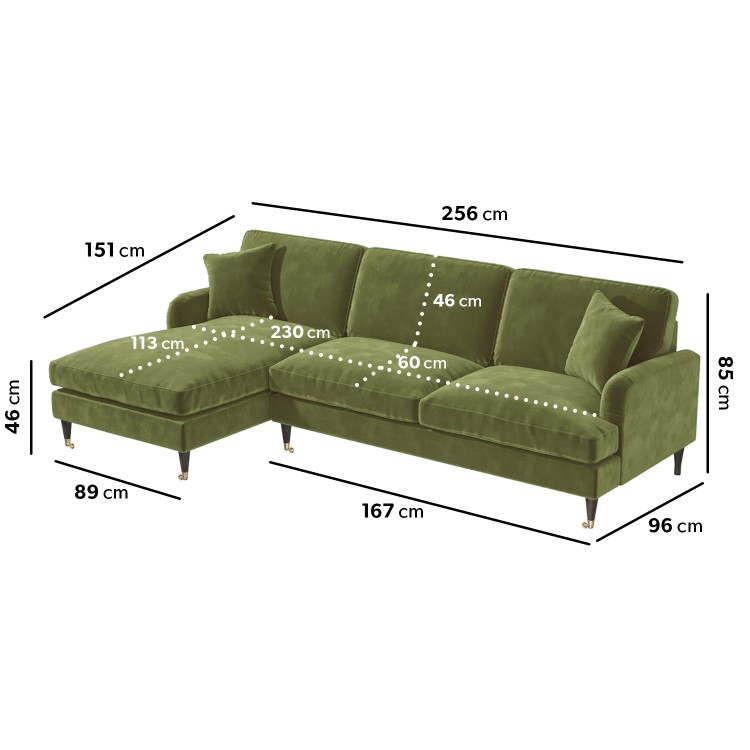 Olive Green Velvet Left Hand Facing 4 Seater Chaise Corner Sofa - Payton