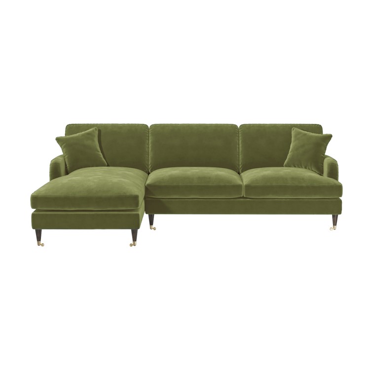Olive Green Velvet Left Hand Facing 4 Seater Chaise Corner Sofa - Payton