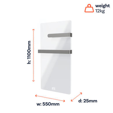 Refurbished 600W Smart Infrared Vertical White Glass Designer Wall Heater 550x1100mm with Optional Towel Rail - IP24 Bathroom Safe