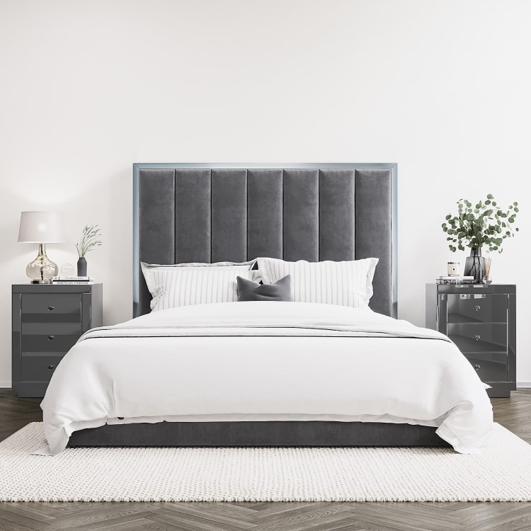 Grey Velvet Double Ottoman Bed with High Headboard - Aaliyah