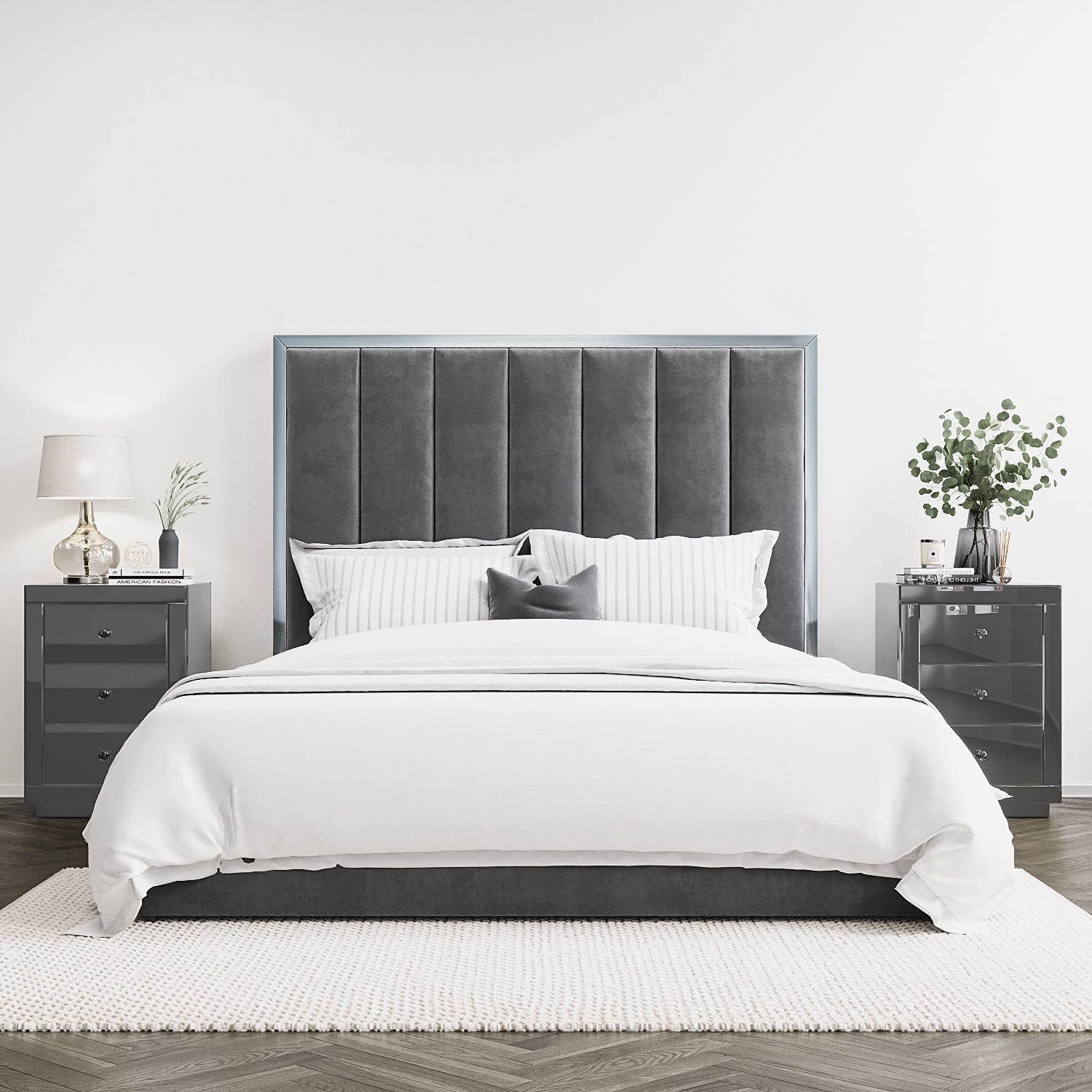 Grey Velvet Double Ottoman Bed with High Headboard - Aaliyah