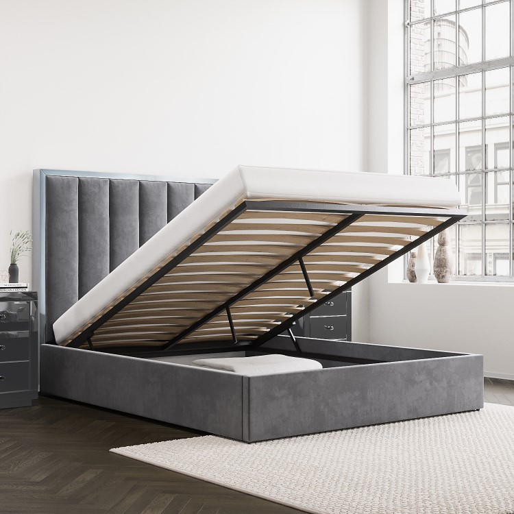 Grey Velvet King Size Ottoman Bed with High Headboard - Aaliyah