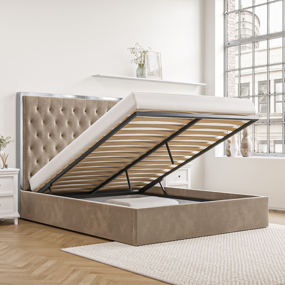 Beige Velvet Double Ottoman Bed with Chrome Headboard Trim Aaliyah