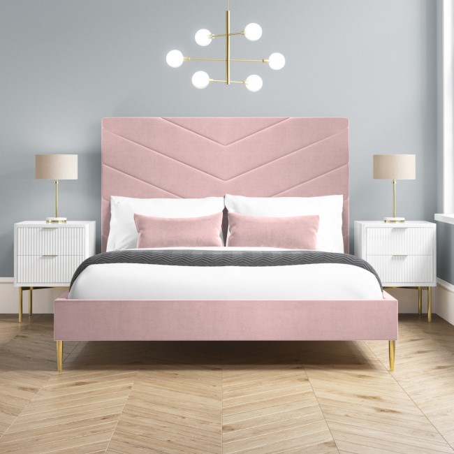 Pink Velvet Double Bed Frame with High Headboard - Aaliyah