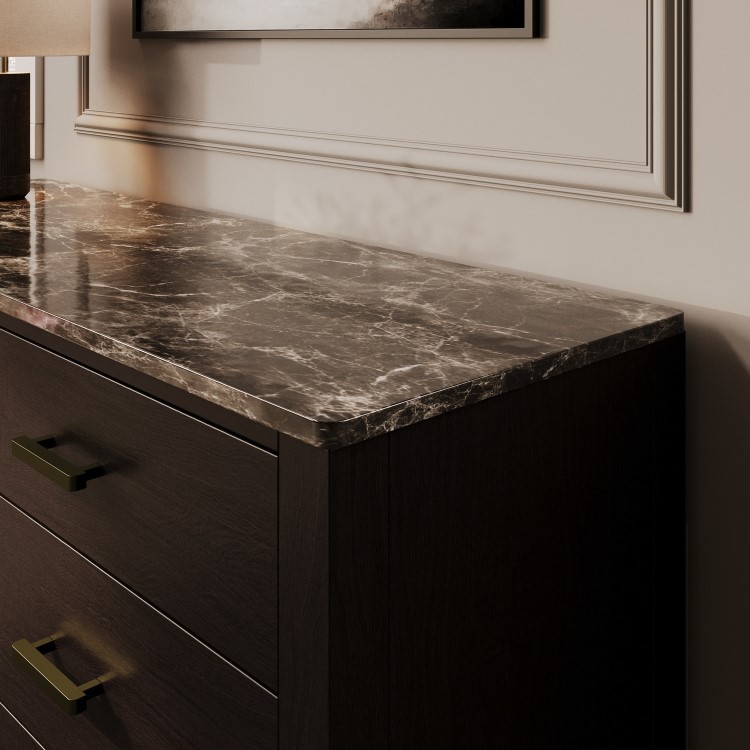Wide Dark Wood Chest of 6 Drawers with Marble Top - Alessio