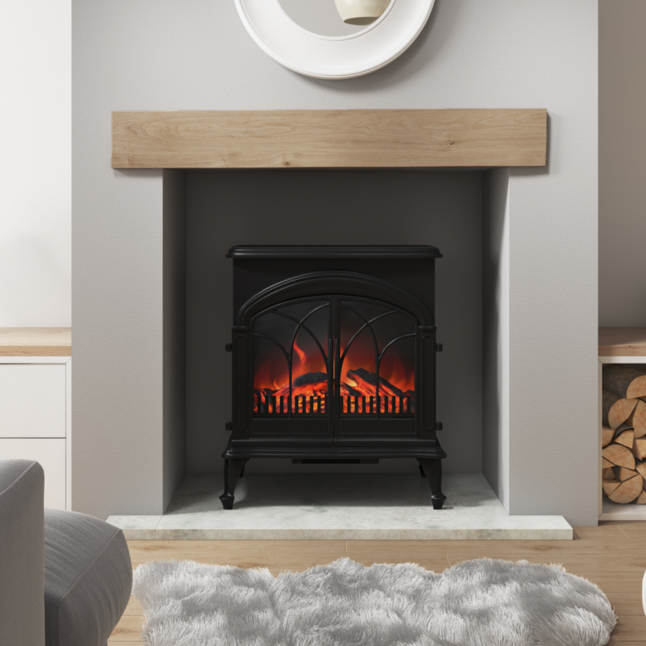 AmberGlo Large Electric Stove Fire in Black with Double Doors & Log