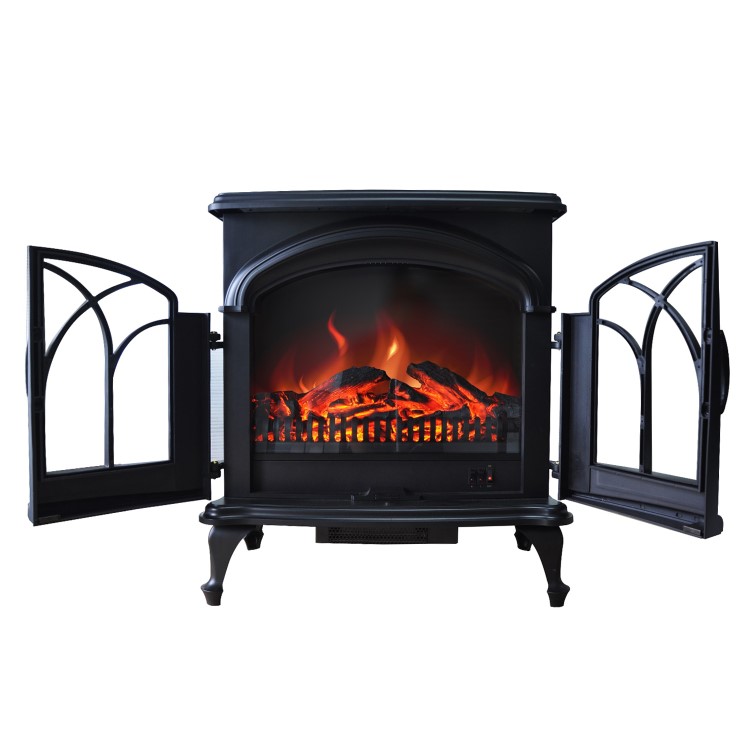 AmberGlo Large Electric Stove Fire in Black with Double Doors & Log Fuel Bed