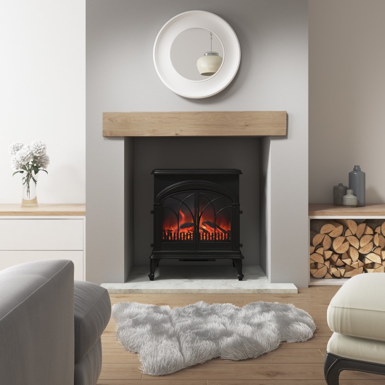 AmberGlo Large Electric Stove Fire in Black with Double Doors & Log Fuel Bed