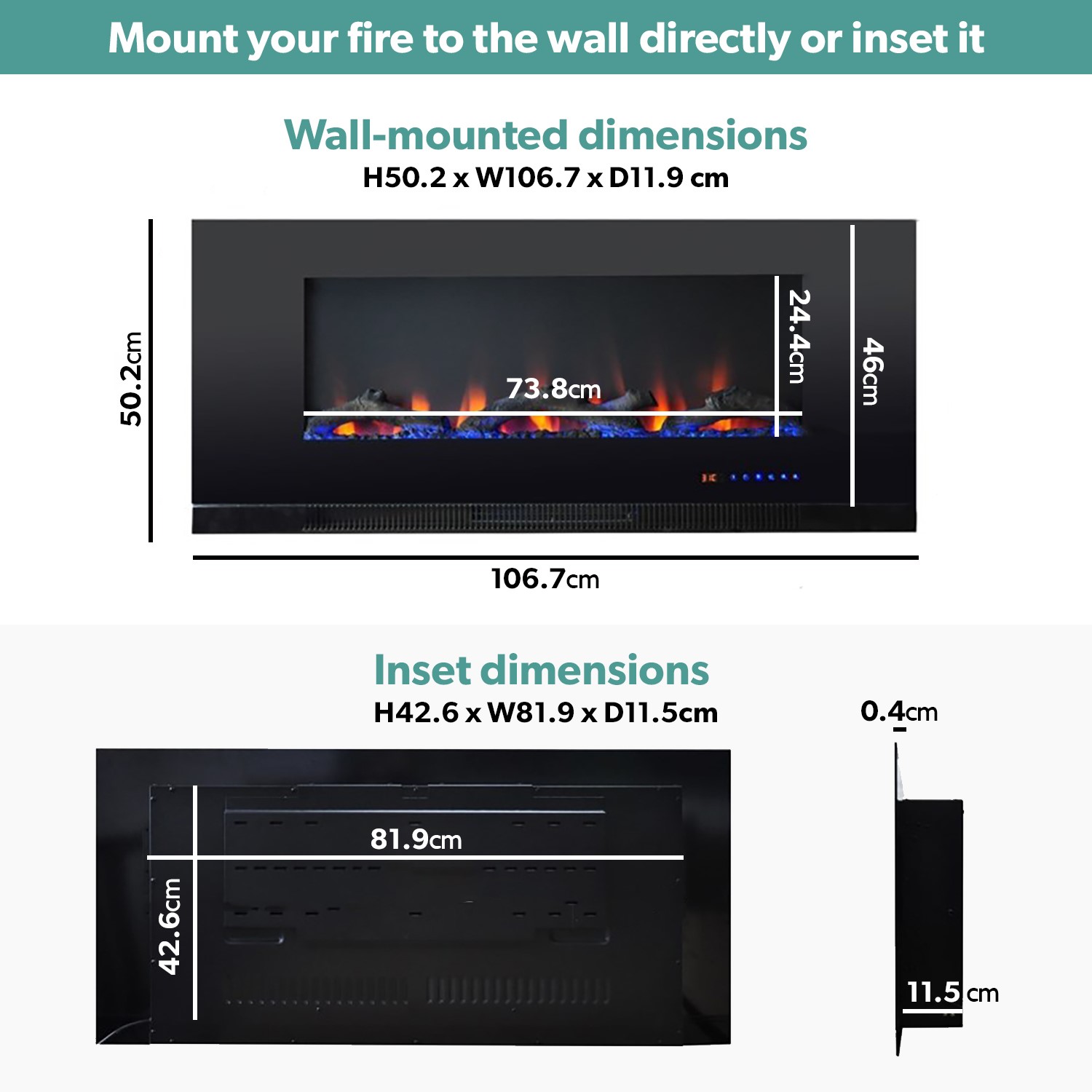 Amberglo Black Wall Mounted Electric Fire With Logs Crystal Fuel Beds