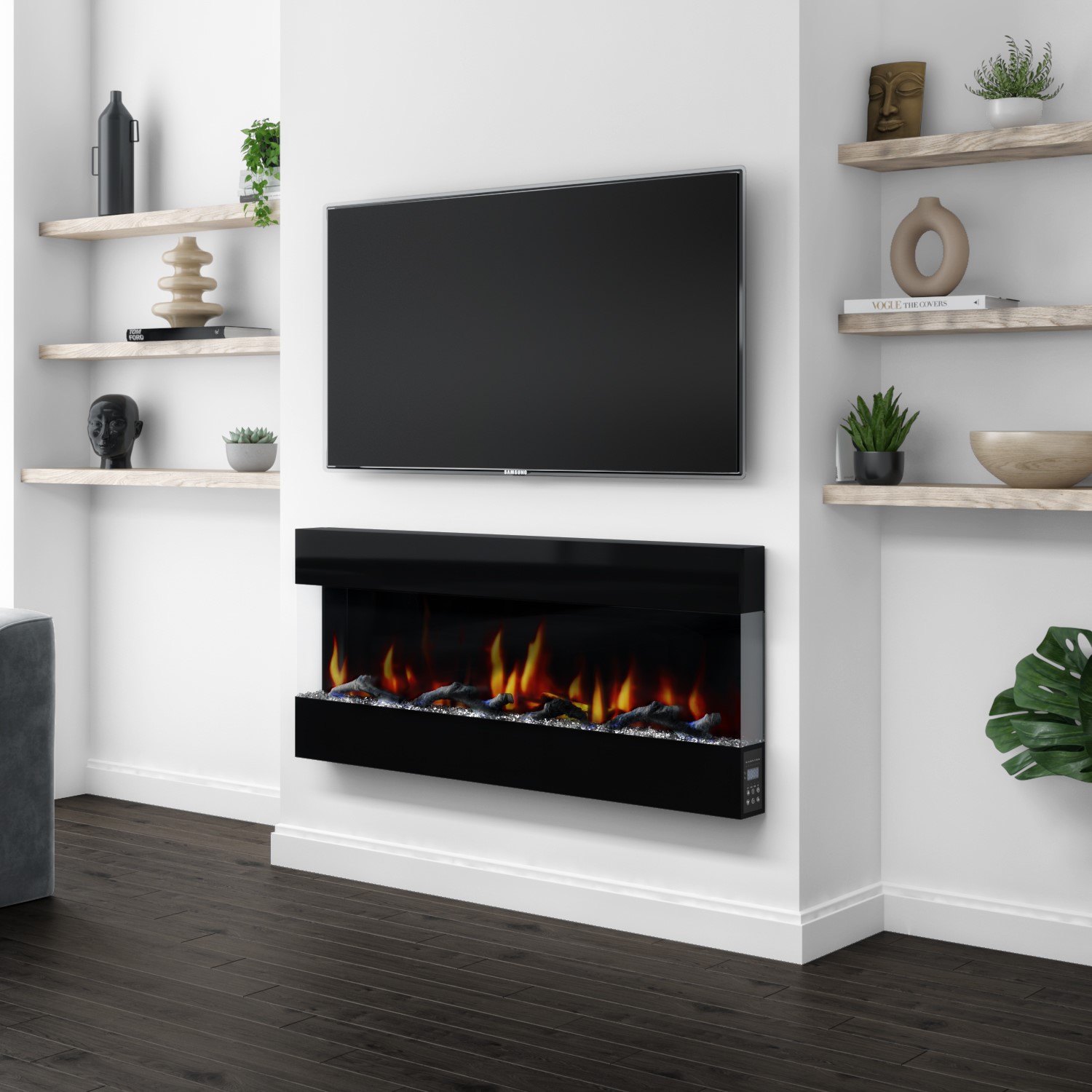 Amberglo Mirrored Electric Wall Mounted Fire In Black 50 Inch