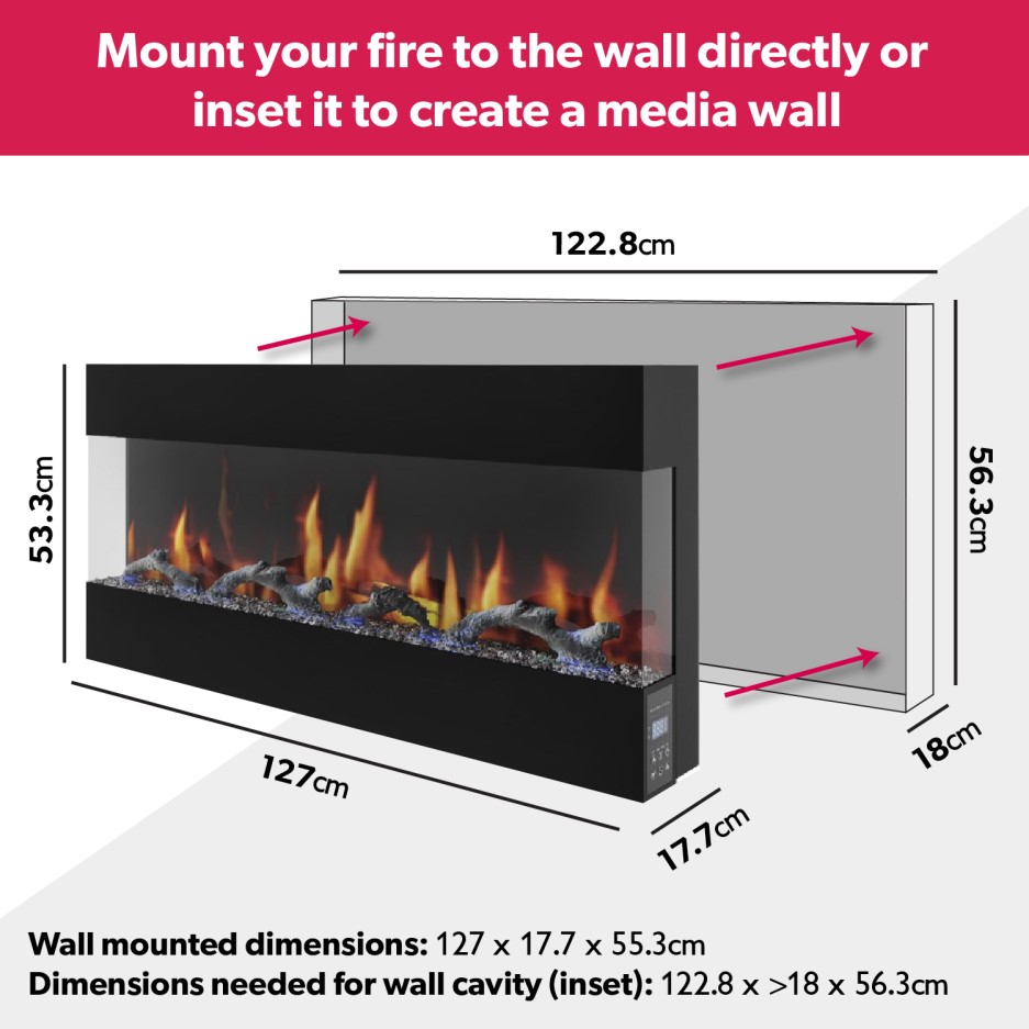 AmberGlo Mirrored Electric Wall Mounted Fire in Black 50 Inch