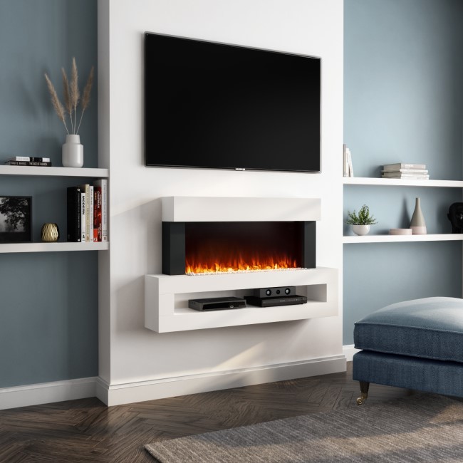 White Wall Mounted Electric Fireplace with LED Lights and  Storage Shelf 47 inch - Amberglo