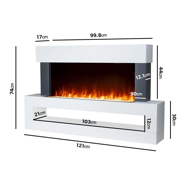 White Wall Mounted Electric Fireplace with LED Lights and  Storage Shelf 47 inch - Amberglo