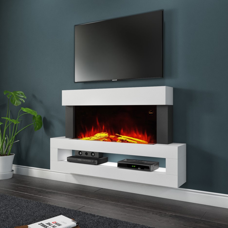 AmberGlo White Wall Mounted Electric Fireplace Suite with LED Shelf