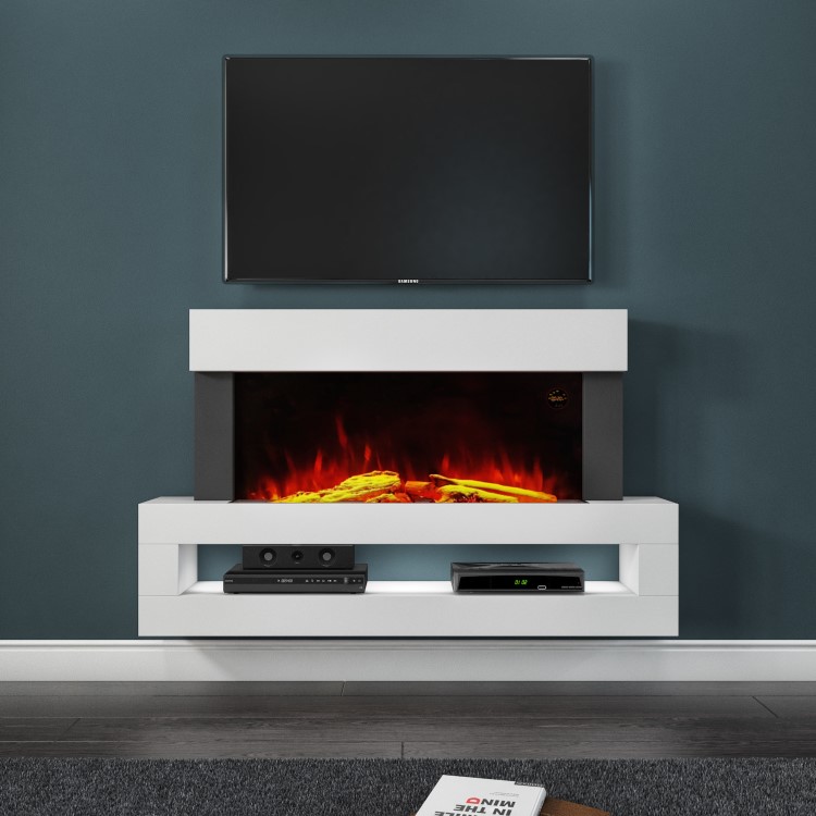 White Wall Mounted Electric Fireplace with LED Lights and  Storage Shelf 47 inch - Amberglo