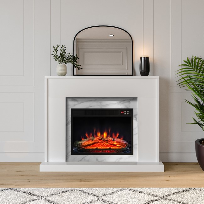 White and Marble Effect Freestanding Electric Fireplace Suite with Log Effect - Amberglo