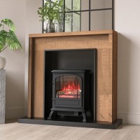 Oak Effect and Black Electric Fireplace Suite with Black Electric Log Burner - Amberglo