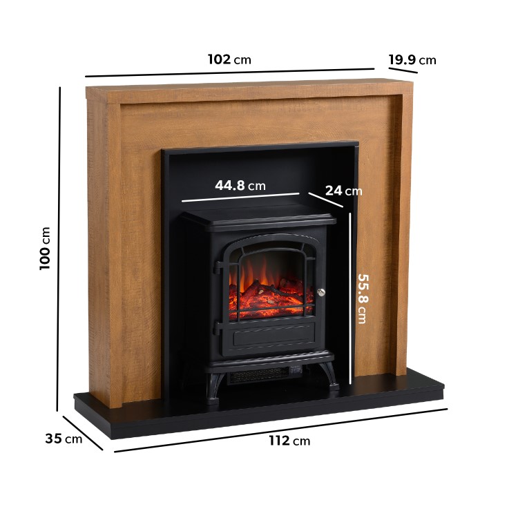 Oak Effect and Black Electric Fireplace Suite with Black Electric Log Burner - Amberglo