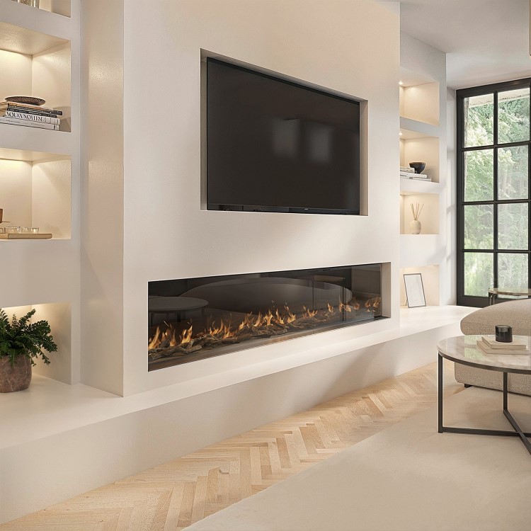 Black 3-Sided Inset Electric Media Wall Smart Fire Place - 70 Inch - AmberGlo