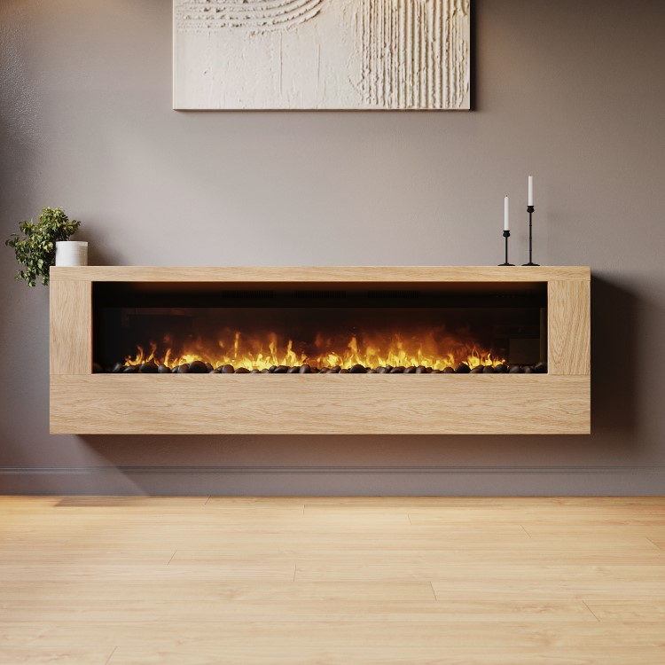 Wall-Mounted Electric Fire with Oak Surround and Remote Control - 70 Inch - AmberGlo