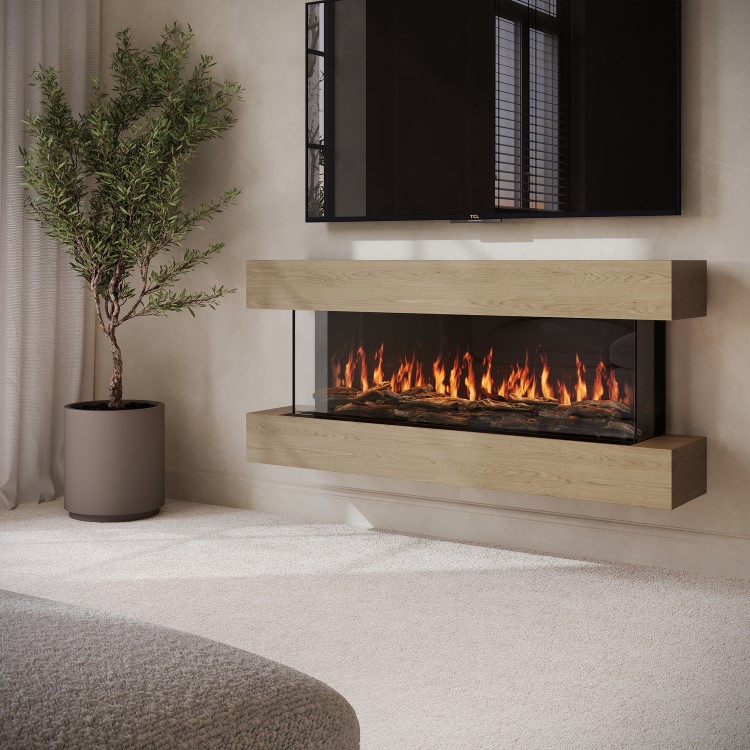 Oak Media Wall Mounted 3-Sided Electric Fireplace with Logs - 55 inch - AmberGlo