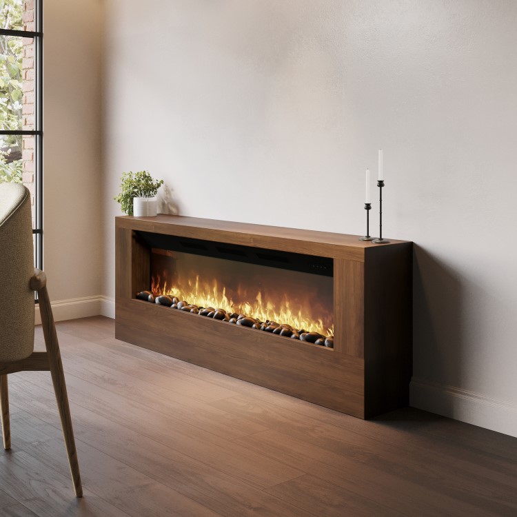 Wall-Mounted Electric Fire with Walnut Surround and Remote Control - 60 Inch - AmberGlo