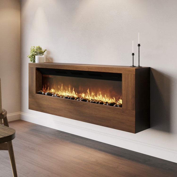 Wall-Mounted Electric Fire with Walnut Surround and Remote Control - 60 Inch - AmberGlo