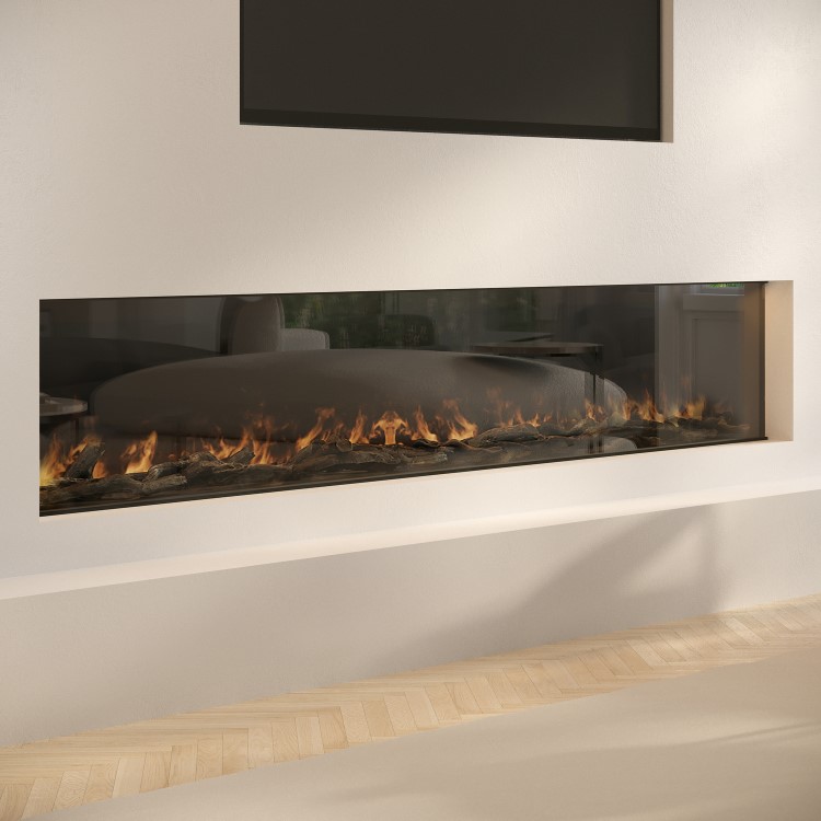 Black 3-Sided Inset Electric Media Wall Smart Fire Place - 80 Inch - AmberGlo