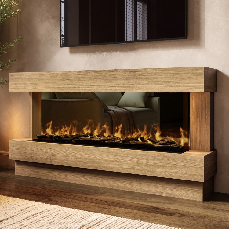 Freestanding Oak 3-Sided Electric Fire with Logs - 60 Inch - AmberGlo