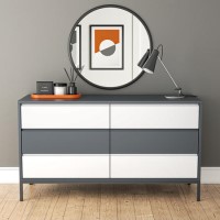 Wide Grey Retro Chest of 6 Drawers with Legs - Aiko Wide Grey Retro Chest of 6 Drawers with Legs - Aiko