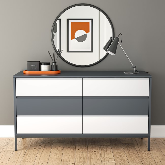 Wide Grey Retro Chest of 6 Drawers with Legs - Aiko