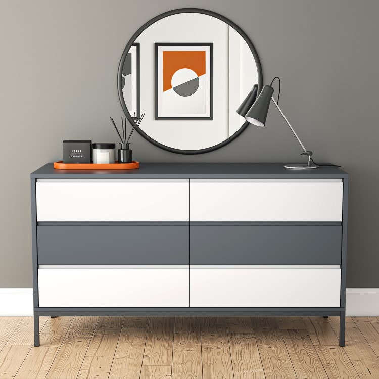 Wide Grey Retro Chest of 6 Drawers with Legs - Aiko