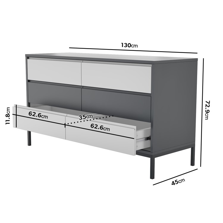 Wide Grey Retro Chest of 6 Drawers with Legs - Aiko