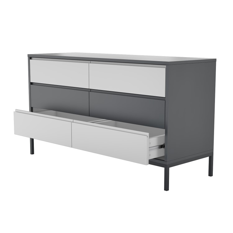 Wide Grey Retro Chest of 6 Drawers with Legs - Aiko