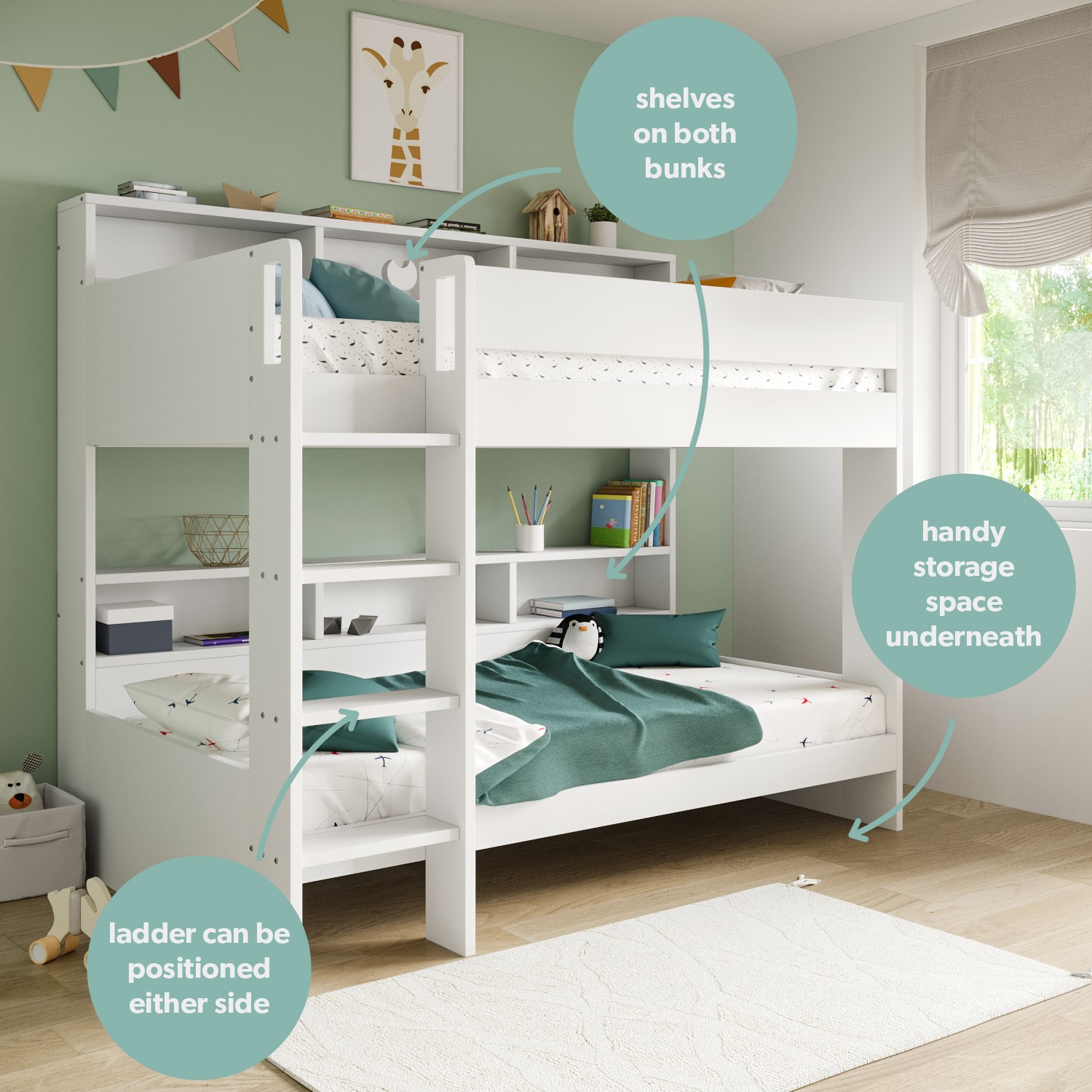 White loft bed with cheap shelves