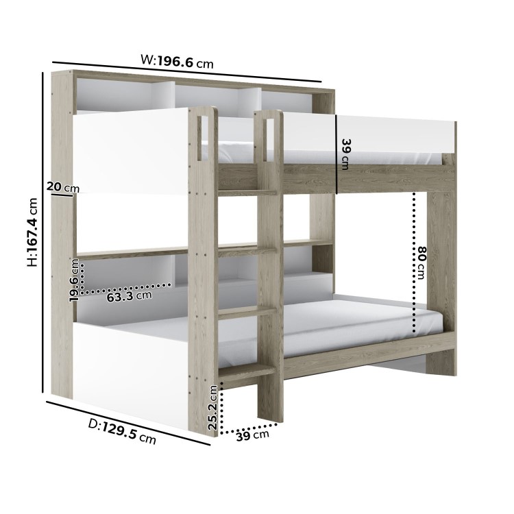 White and Oak Bunk Bed with Storage Shelves - Aire