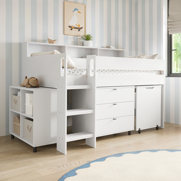 White Mid Sleeper Cabin Bed with Desk and Storage - Aire