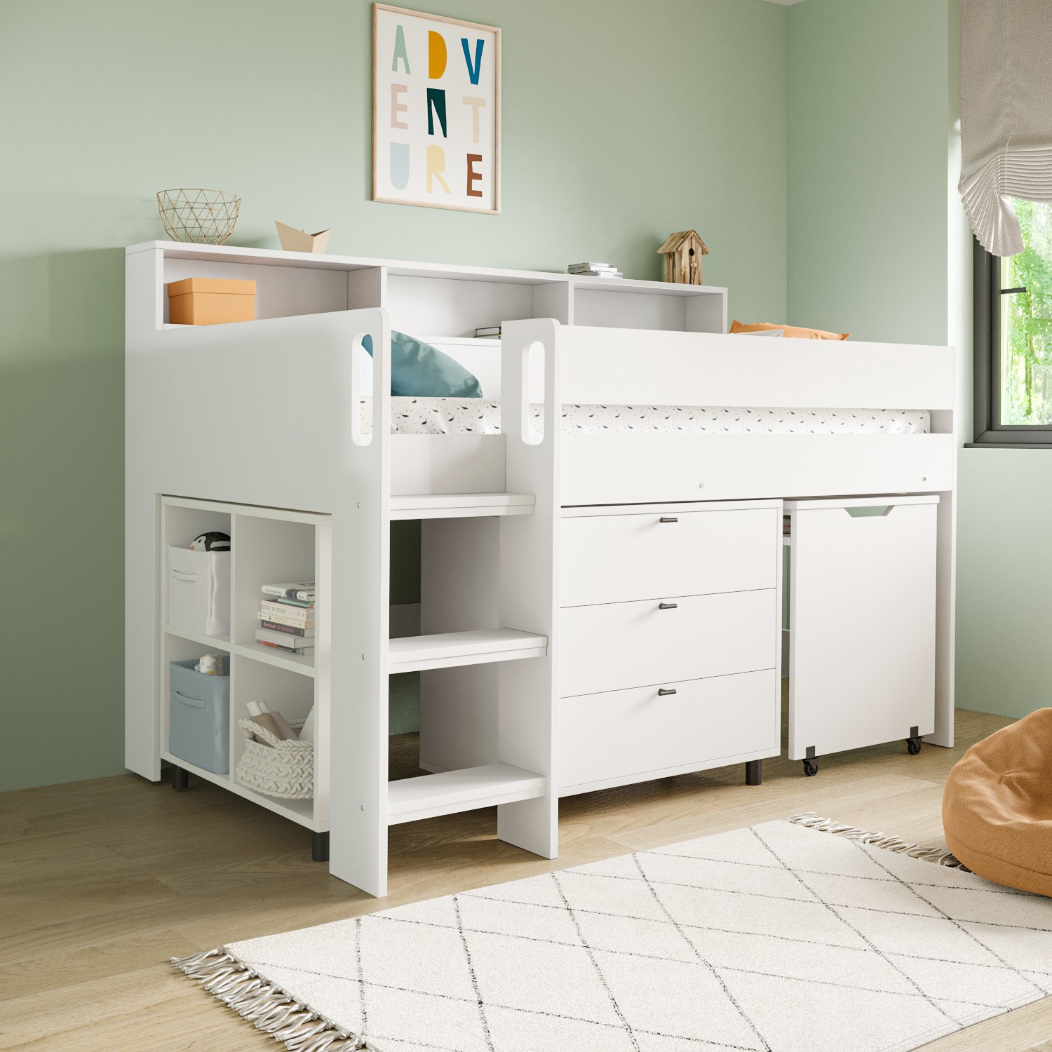 White Mid Sleeper Cabin Bed with Desk and Storage - Aire - BuyItDirect.ie