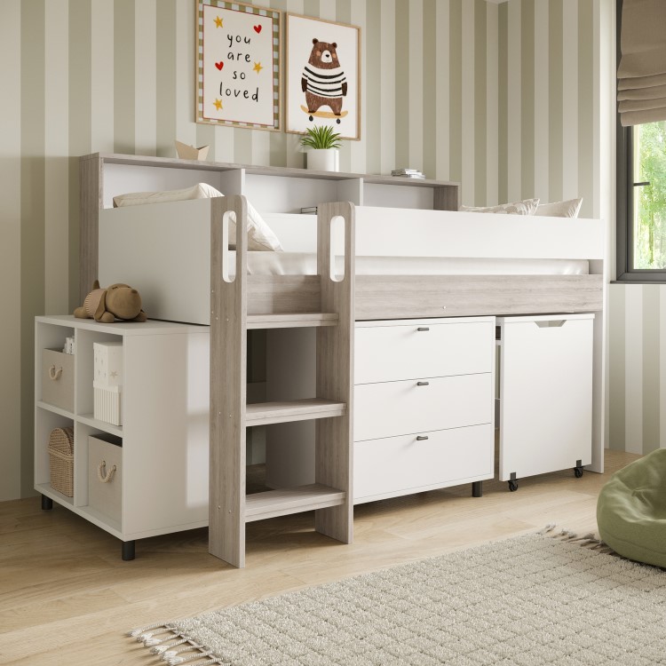 White and Oak Mid Sleeper Cabin Bed with Desk and Storage - Aire