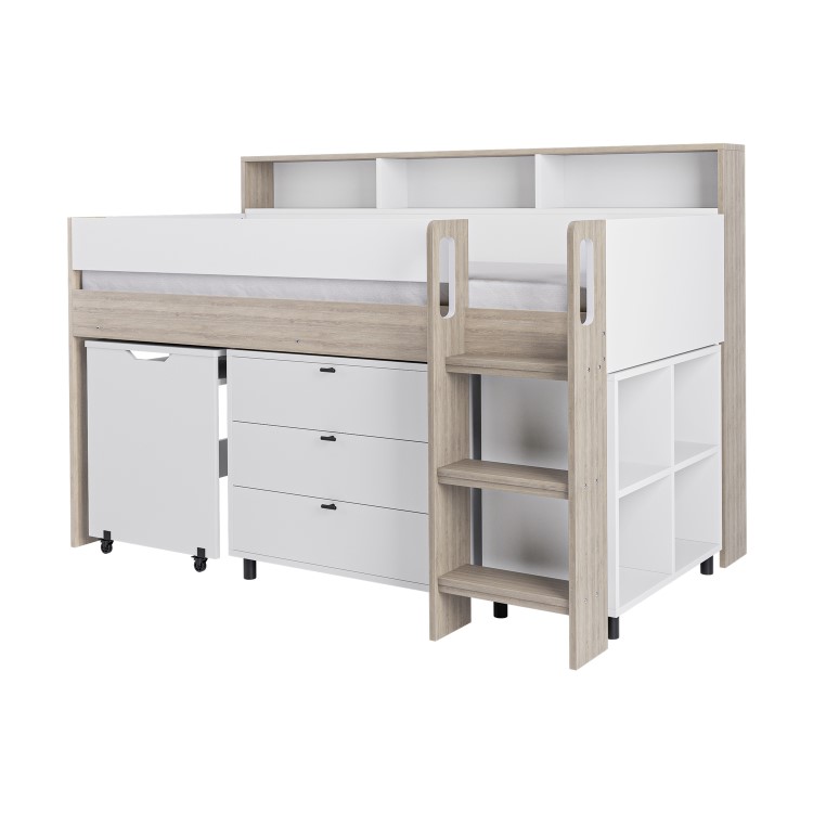 White and Oak Mid Sleeper Cabin Bed with Desk and Storage - Aire
