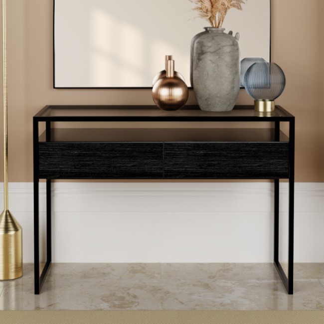 Large Black Glass Top Console Table with Drawers & Black Legs - Akila