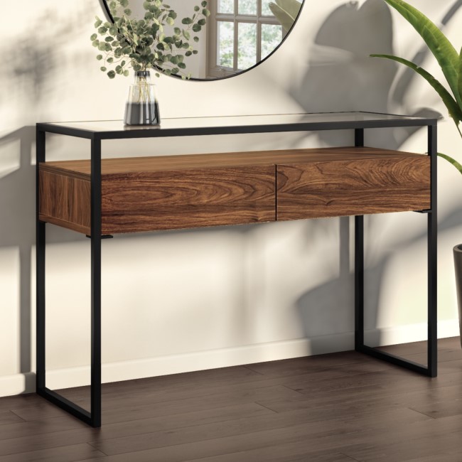 Large Walnut Glass Top Console Table with Drawers & Black Legs - Akila