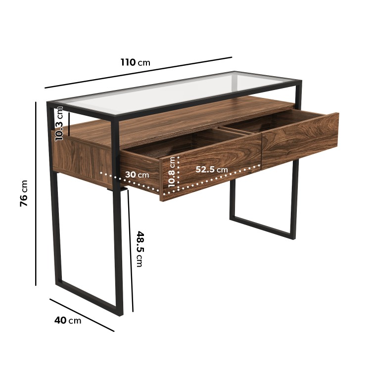Large Walnut Glass Top Console Table with Drawers & Black Legs - Akila