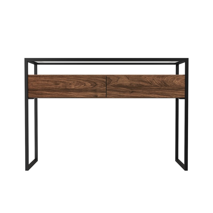 Large Walnut Glass Top Console Table with Drawers & Black Legs - Akila
