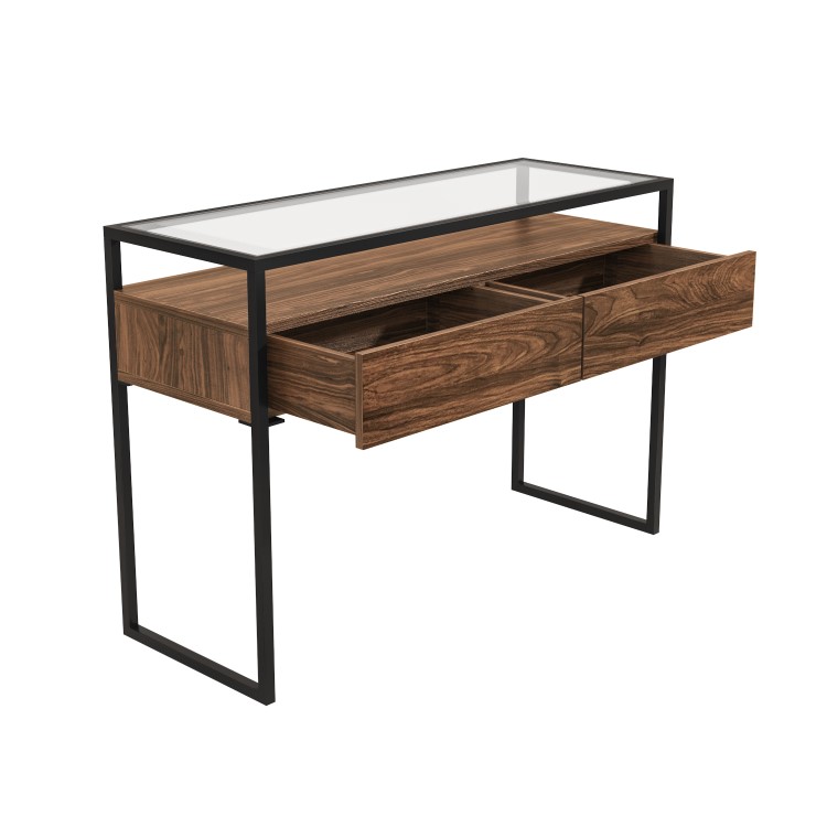 Large Walnut Glass Top Console Table with Drawers & Black Legs - Akila
