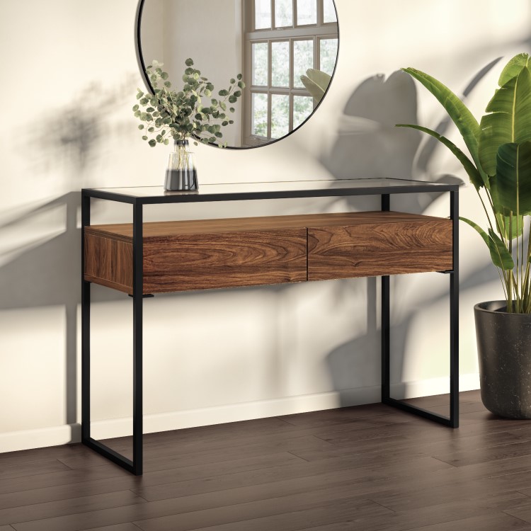 Large Walnut Glass Top Console Table with Drawers & Black Legs - Akila