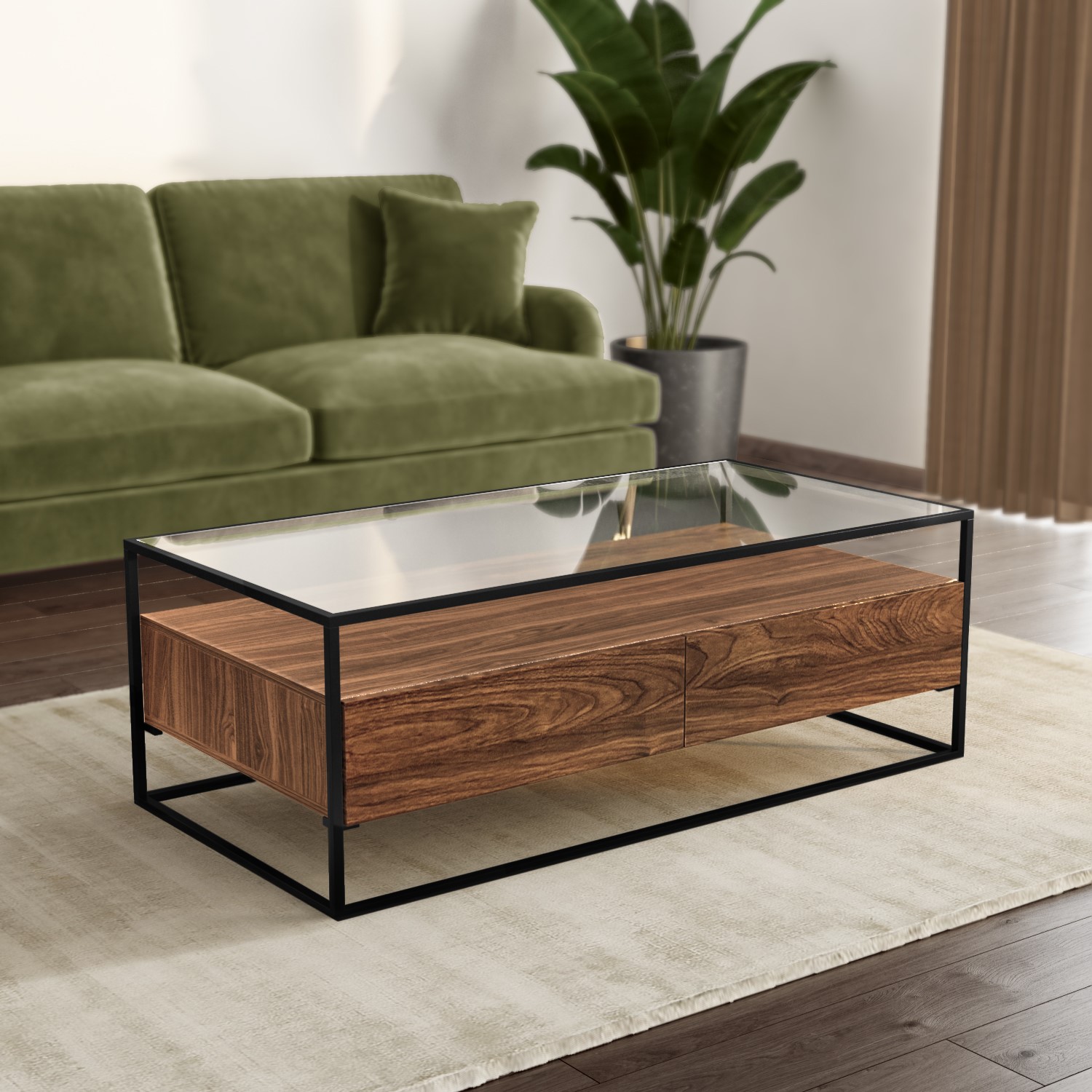 Large Walnut Coffee Table with Glass Top and Drawers Akila