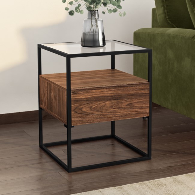 Square Walnut Side Table with Glass Top and Storage Drawer - Akila